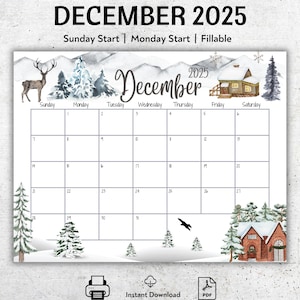 EDITABLE December 2025 Calendar, Snowy House on the Hill and Reindeer, Printable Calendar, Fillable Monthly Planner, Kids Weekly Schedule