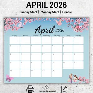Calendario di aprile 2026, planner stampabile con uccellini in fiore di ciliegio (download digitale)