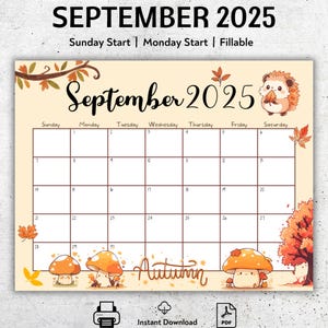 Calendario settembre 2025 MODIFICABILE, colori autunnali, stampabile, pianificatore di settembre compilabile, calendario per la scuola domestica, bellissimo autunno, simpatici funghi