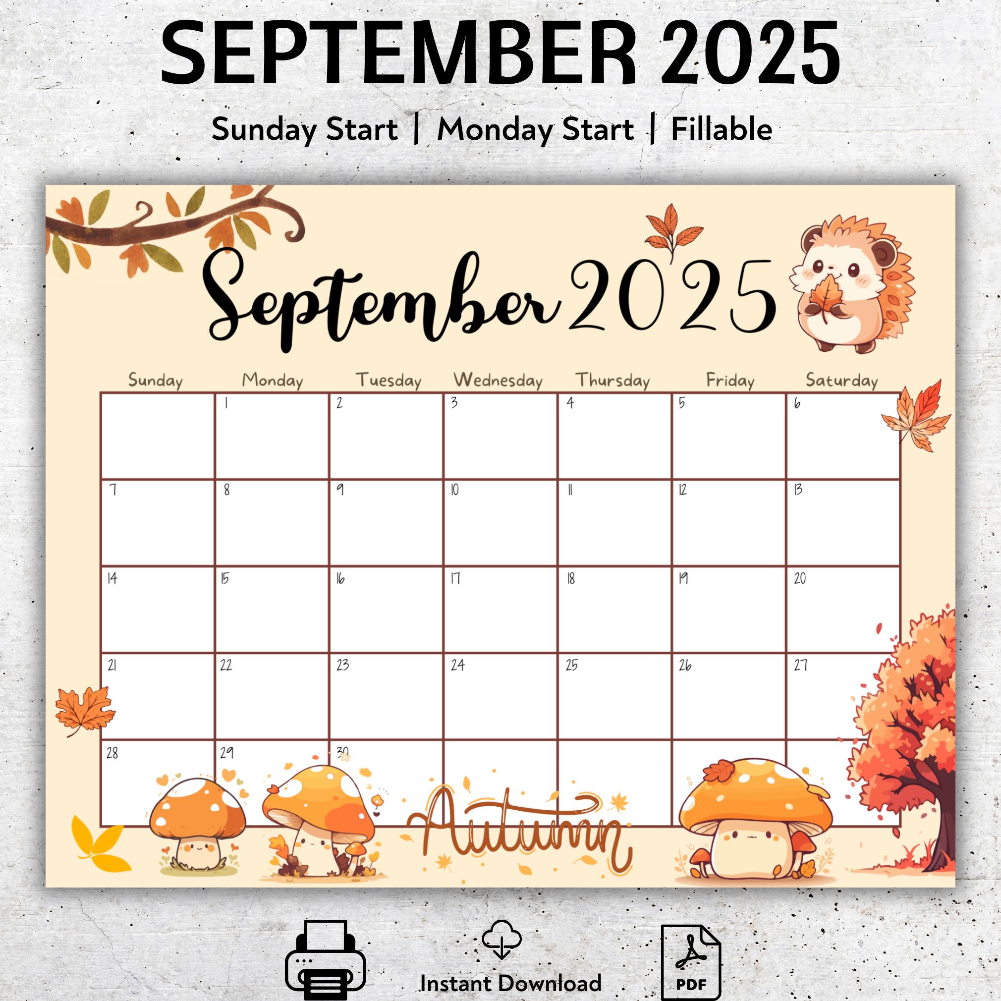 EDITIERBARER Kalender September 2025, Herbstfarben, druckbarer, befüllbarer Septemberplaner, Schulkalender, schöner Herbst, niedliche Pilze