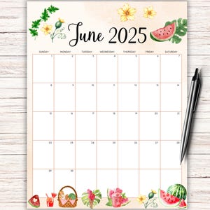 EDITABLE June 2025 Calendar, 2025 Summer Planner,  Fillable June Calendar, Sweet Watermelon, Printable 2025 June Planner, Monthly Schedule
