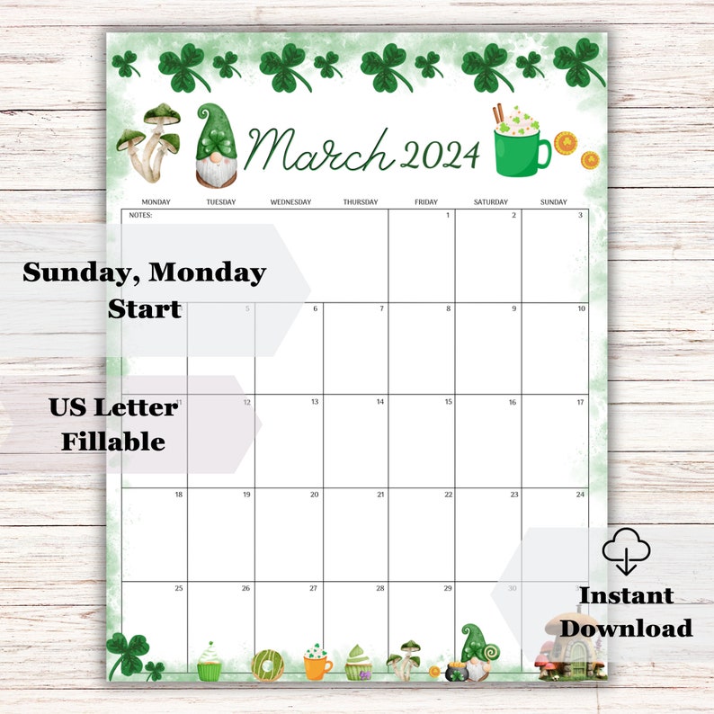 EDITABLE March 2024 Calendar, Printable Fillable Calendar Planner