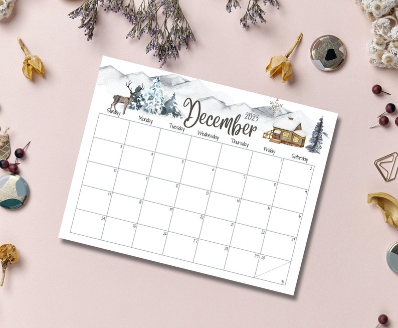 EDITABLE December 2023 Calendar, Snowy House on the Hill and Reindeer