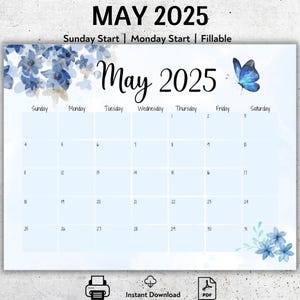EDITABLE May 2025 Calendar, Simple and Elegance May Monthly Planner, Printable May 2025 Calendar, Fillable Planner, Beautiful Butterfly