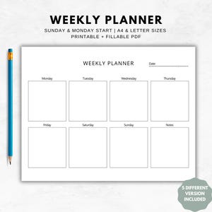 Weekly Planner Printable Landscape, Printable Weekly Planner, Week At a Glance, Weekly Agenda, Desk Planner, Weekly To-Do List, Work Planner