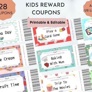 Cupones de recompensa para niños imprimibles, cupones de recompensa editables, recompensas precargadas, plantilla editable en blanco, A4, carta de EE. UU., amor, diversión motivacional
