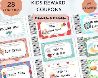 Printable Kids Reward Coupons, Editable Reward Coupons, Pre-Filled Rewards, Blank Editable Template, A4, US Letter, Love, Motivational Fun
