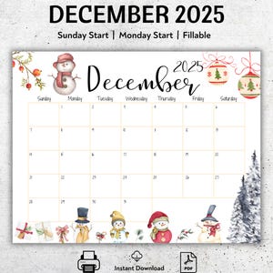 EDITABLE December 2025 Calendar, Beautiful Winter, Cute Snowman, Printable Fillable Planner, Kids Weekly Schedule, Classroom Calendar, PDF