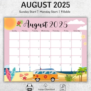 EDITABLE August 2025 Calendar, Printable Vacation Planner, Wonderful Summer, August Monthly Schedule, Fillable August Calendar, 2025 August