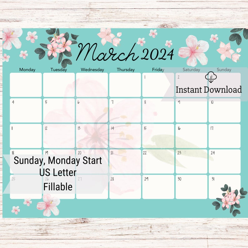 Editable Printable 2024 March Calendar, 2024 March Planner, Floral