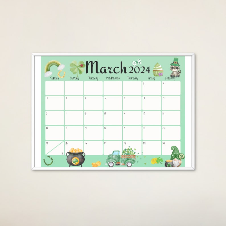 EDITABLE March 2024 Calendar, Happy St.patrick's Day, Horseshoe, Green