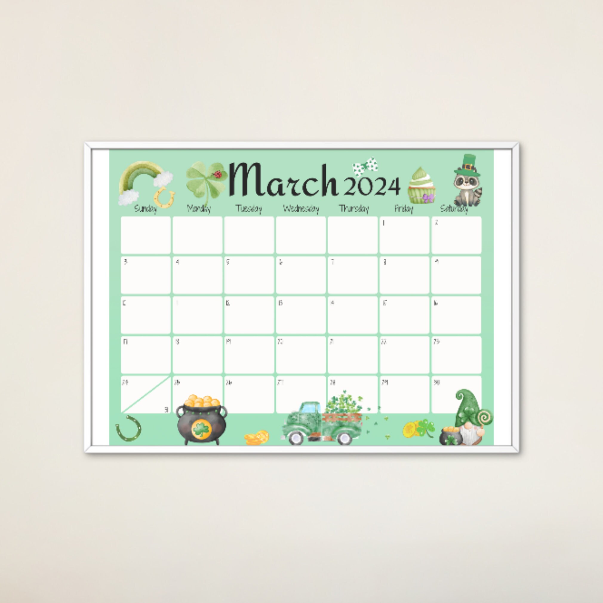 EDITABLE March 2024 Calendar, Happy St. Patrick's Day, Horseshoe, Green