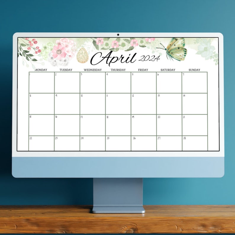 EDITABLE April 2024 Calendar, Happy Easter Day, Green Butterfly