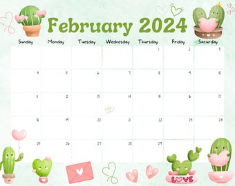 EDITABLE February 2024 Calendar, Homeschool Calendar, Valentine's Day, Cute Cactus, Printable Calendar, Fillable Planner, Monthly Schedule