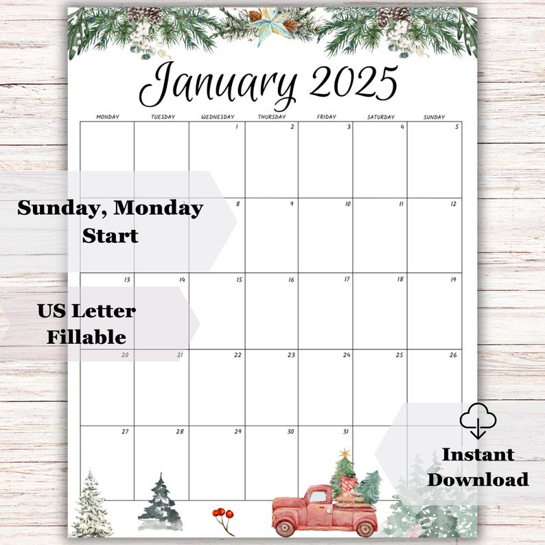 EDITABLE January 2025 Calendar, Printable New Year 2025 Planner, Beautiful Winter, Pine Trees