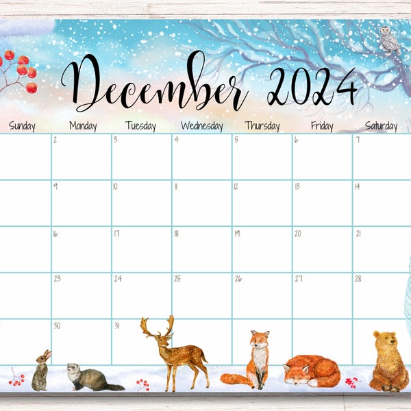 EDITABLE December 2024 Calendar, Cute Animals, Beautiful Winter, Printable Calendar, Fillable Monthly Planner, Kids Weekly Schedule, PDF