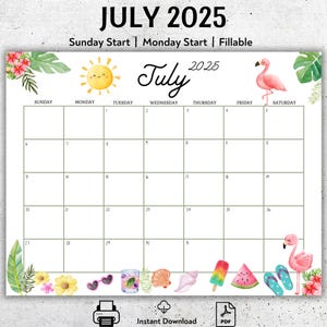 EDITABLE July 2025 Calendar, Beautiful Colorful Summer, Monthly Planner, Printable Homeschool Planner, Fillable Calendar, Instant Download