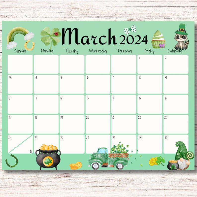 EDITABLE March 2024 Calendar, Happy St. Patrick's Day, Horseshoe, Green