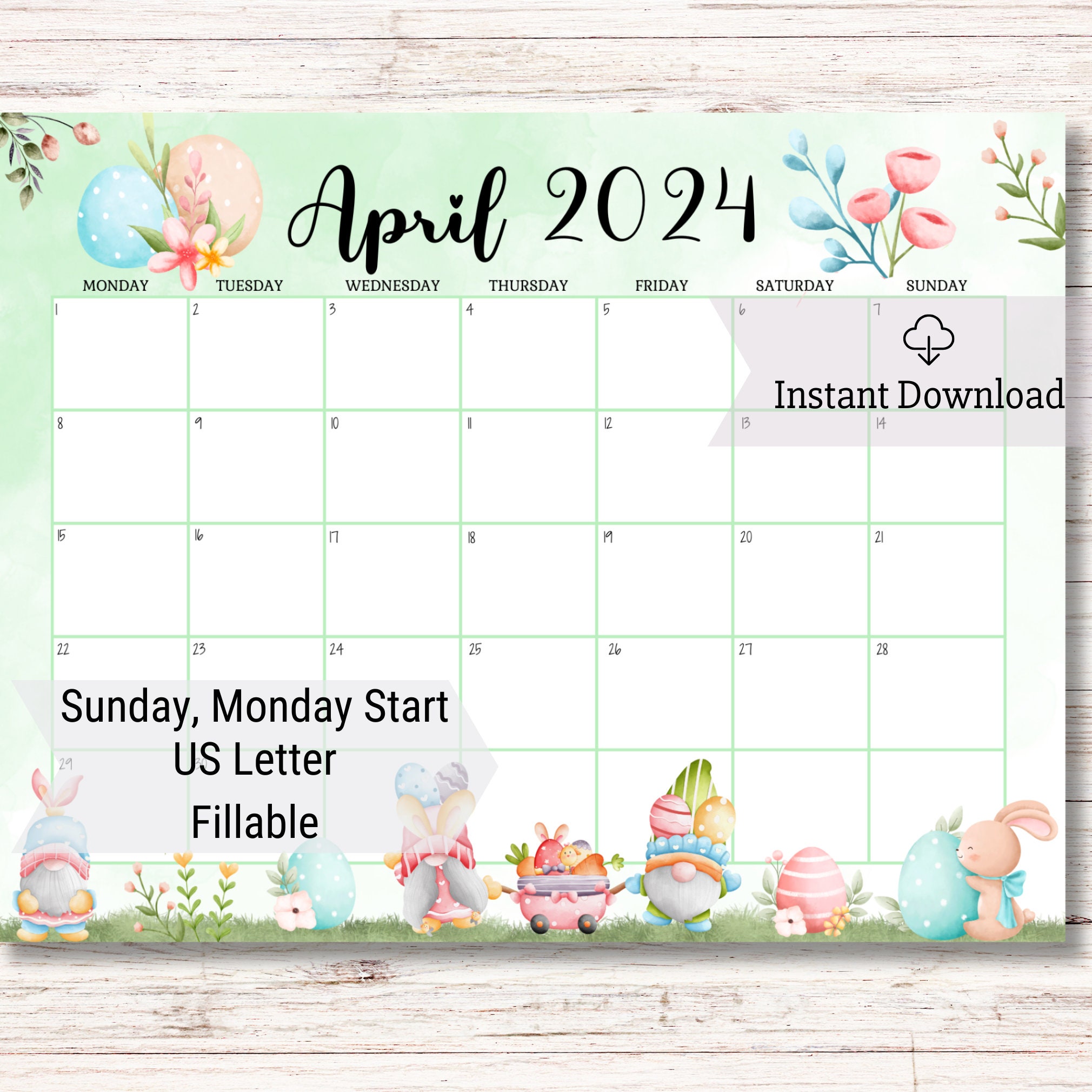 EDITABLE April 2024 Calendar, Homeschool Planner, Happy Easter Day With