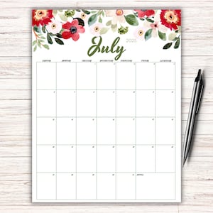 Editable July 2025 Planner, Printable July 2025 Planner, Fillable Calendar, Beautiful Colorful Flowers, Download Calendar, Monthly Calendar