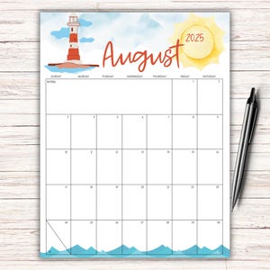 EDITABLE August 2025 Calendar, Printable August Calendar, Digital Planner, Monthly Schedule, Monthly Planner, Sailor&#39;s Calendar, Fillable