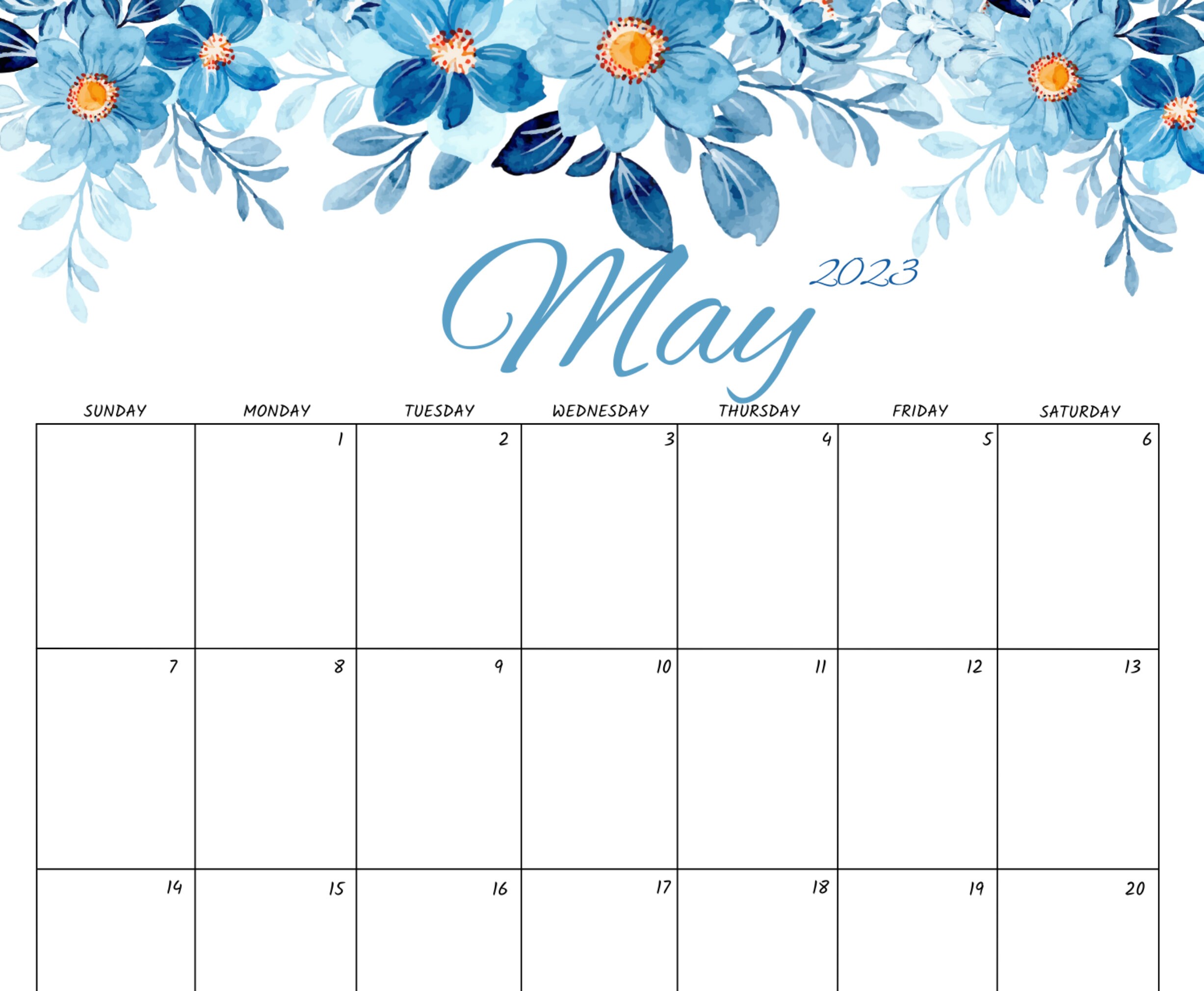 Printable 2023 May Calendar Blue Flowers Floral Calendar Etsy