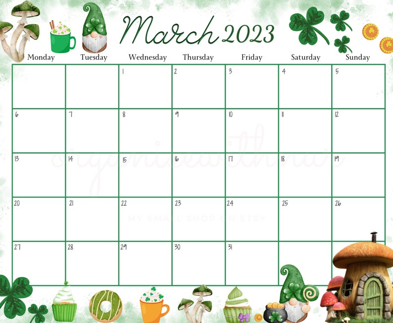 EDITABLE March 2023 Calendar Mushrooms Green Shamrock Happy Etsy Hong 