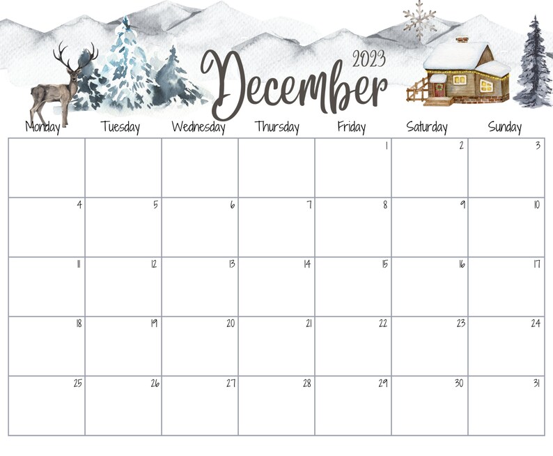 EDITABLE December 2023 Calendar, Snowy House on the Hill and Reindeer