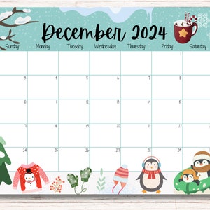 EDITABLE December 2024 Calendar, Cute Penguins, Beautiful Winter, Printable Fillable Planner, Homeschool Planner, Classroom Calendar, PDF