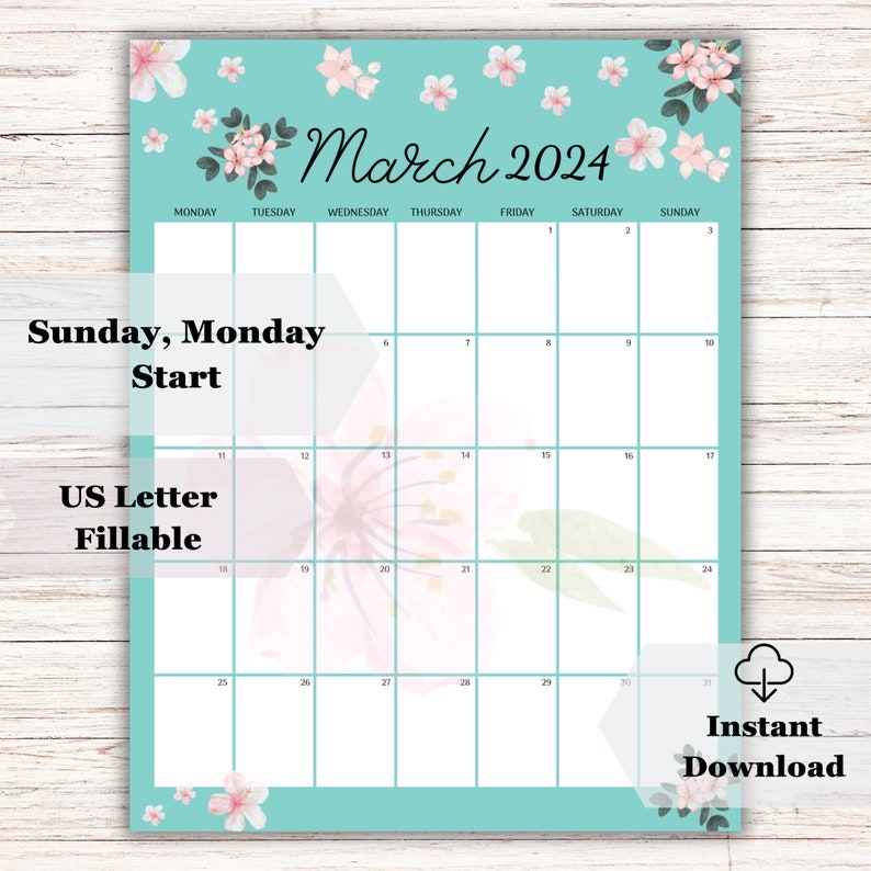 Editable Printable 2025 March Calendar, 2025 March Planner, Floral