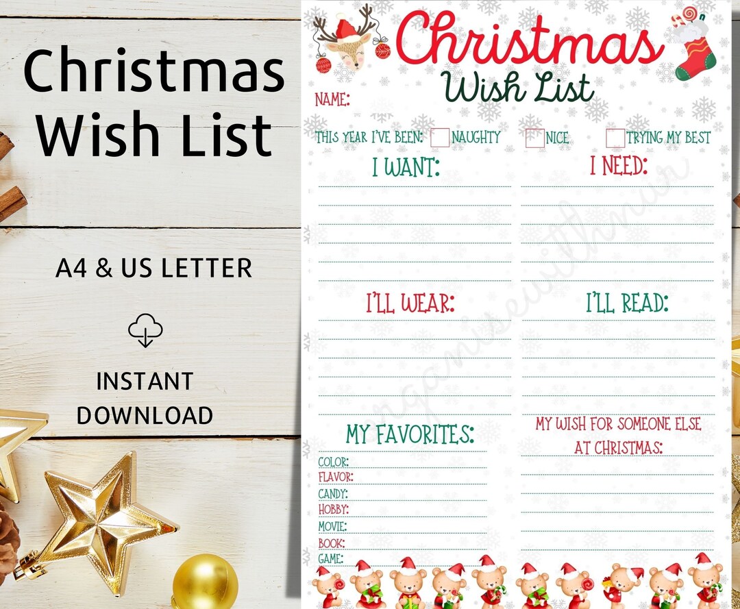 Christmas Wish List for Kids, Printable Holidays Wish List Template ...