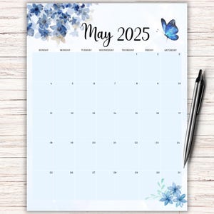 EDITABLE May 2025 Calendar, May Monthly Planner, Printable May 2025 Planner with Beautiful Butterfly and Blue Flowers, Fillable May Calendar