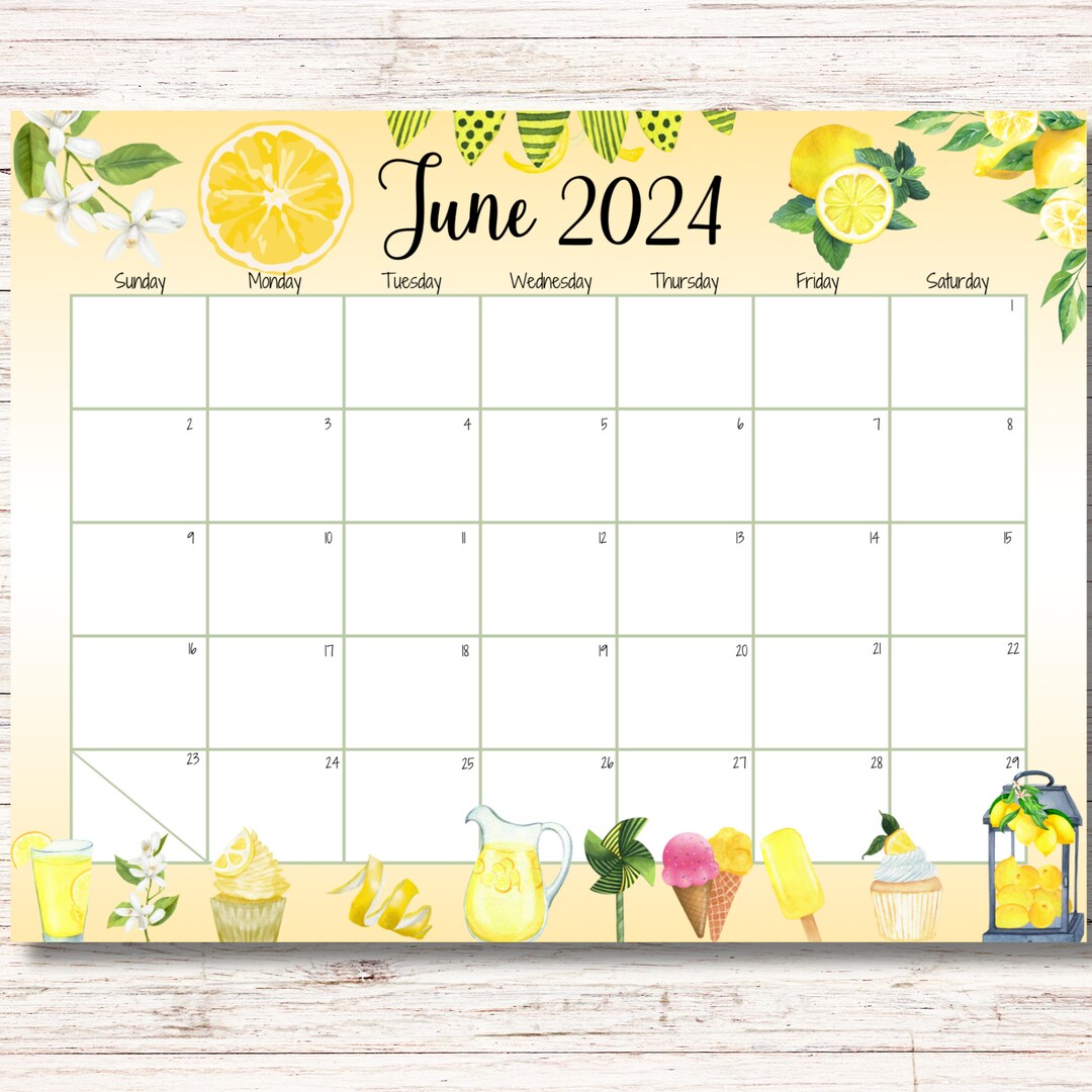 EDITABLE June 2024 Calendar, Yellow Lemons, Delicious Ice Creams ...