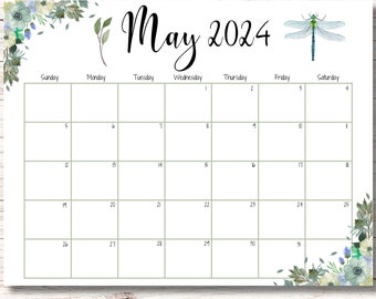 EDITABLE/Printable May 2024 Calendar, Green Flowers, Beautiful Dragonfly, Simple and Elegant, Fillable Calendar Planner, Homeschool Planner