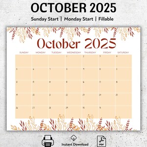 Calendario ottobre 2025 MODIFICABILE, Calendario accademico, Bellissimo autunno, Calendario mensile, Planner per la scuola domestica, Stampabile, Planner compilabile, PDF