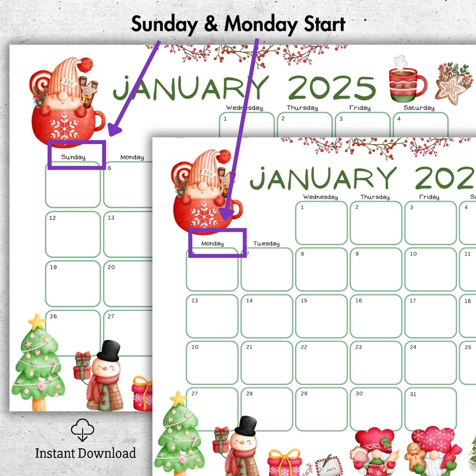 EDITABLE January 2025 Calendar, Cute Gnoms, Beautiful Winter, Happy New