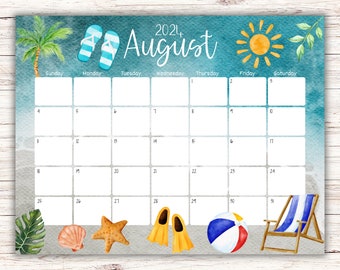 EDITABLE August 2024 Calendar, Beautiful Summer, Beach, Sun, Flip Flops, Printable Vacation Planner, Simple Organizer, Instant Download