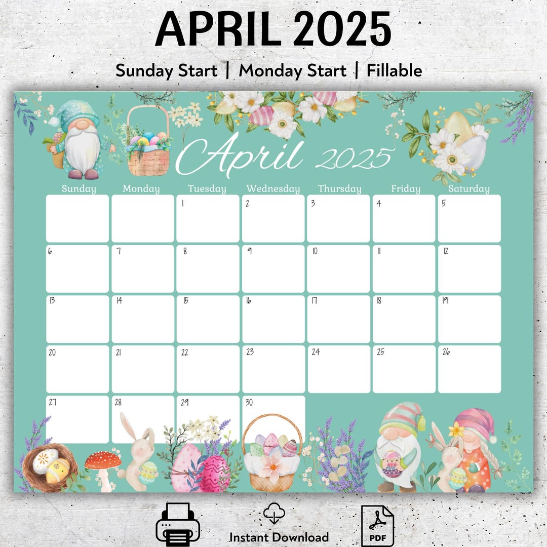 EDITABLE April 2025 Calendar, Printable April Calendar, Fillable