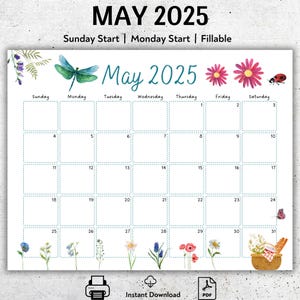 Editable 2025 May Planner, Printable May Calendar, Homeschool Monthly Planner, Minimalist May Organizer, Beautiful Spring, Fillable PDF