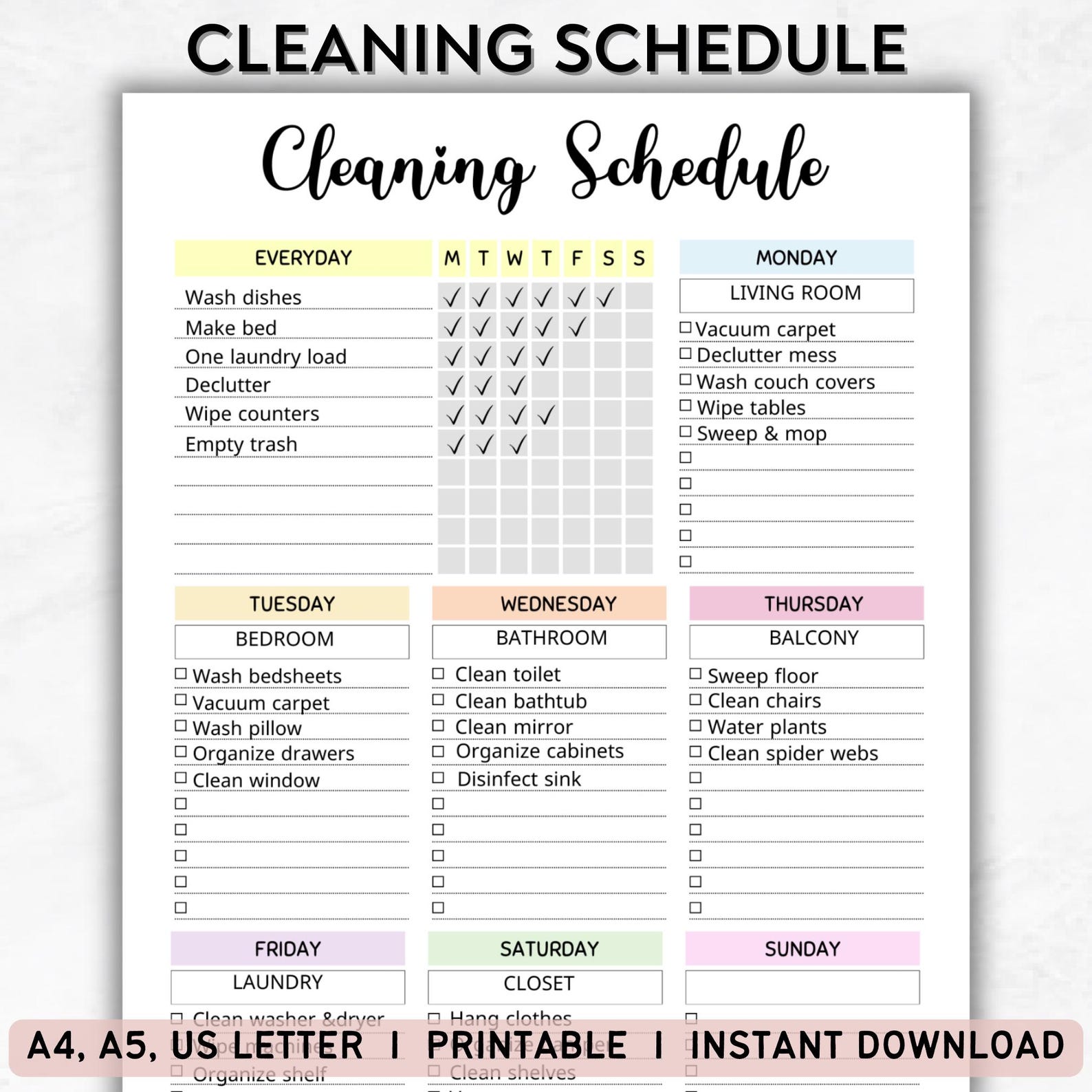 Printable Cleaning Checklist, Cleaning Schedule, Editable Cleaning ...