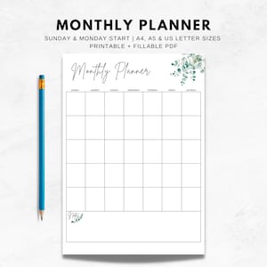 以下が含まれることがあります： スケジュール用のグリッドレイアウトを備えた白い月間プランナー。「Monthly Planner」と「Sunday & Monday Start」のテキストが含まれています。青い鉛筆が左側にあります。A4、A5、USレターサイズに対応しています。