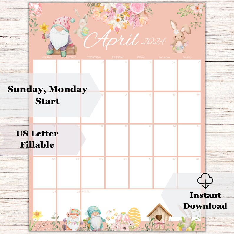 EDITABLE April 2024 Calendar, Happy Easter Day, Cute Bunnies, Printable