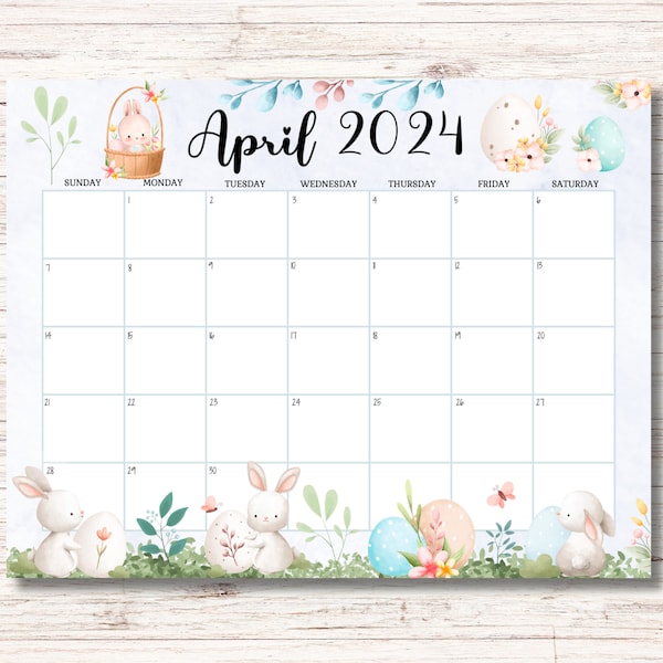 EDITABLE April 2024 Calendar, Happy Easter Day, Cute Bunnies, Printable Planner, Fillable April Calendar, Homeschool Planner, Kids Schedule