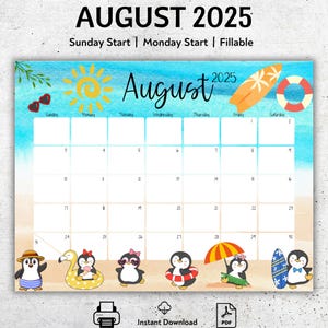 EDITABLE August 2025 Calendar, Beautiful Summer, Cute Penguins, Colorful, Printable Vacation Planner, Simple Organizer, Instant Download