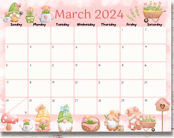 EDITABLE March 2024 Calendar, Happy St. Patrick's Day, Tulip, Gnome, Pink Flowers, Printable Planner, Fillable Calendar, Instant Download