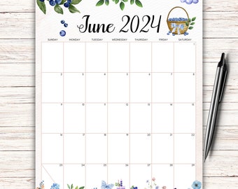 EDITABLE June 2024 Calendar, School Calendar,  Fillable June Calendar, Sweet Blueberries, Printable Classroom Planner, Kids School Schedule