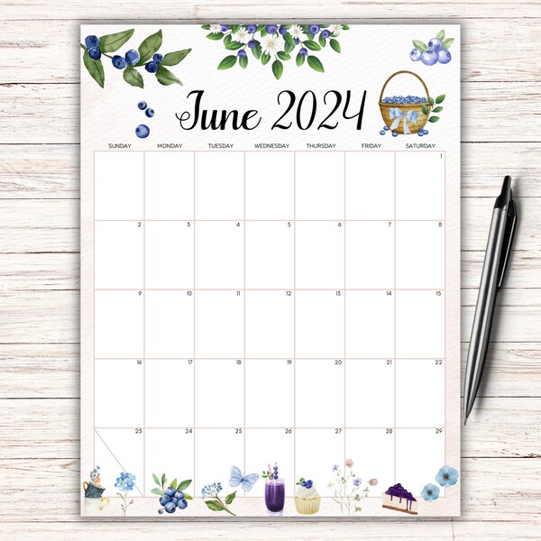 EDITABLE June 2024 Calendar, School Calendar,  Fillable June Calendar, Sweet Blueberries, Printable Classroom Planner, Kids School Schedule