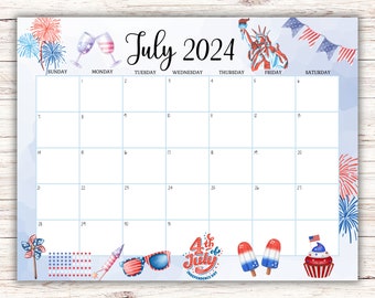 EDITABLE July 2024 Calendar, 4th July Independence Day, Happy 4th July, Monthly Planner, Printable Homeschool Planner, Fillable Calendar