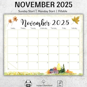 Calendario novembre 2025, programma mensile modificabile, calendario homeschooling, House on the Hill, calendario per le donne, pianificatore stampabile, compilabile