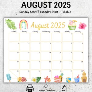 EDITABLE August 2025 Calendar, Printable Vacation Planner, Wonderful Summer, August Monthly Schedule, Fillable August Calendar, 2025 August